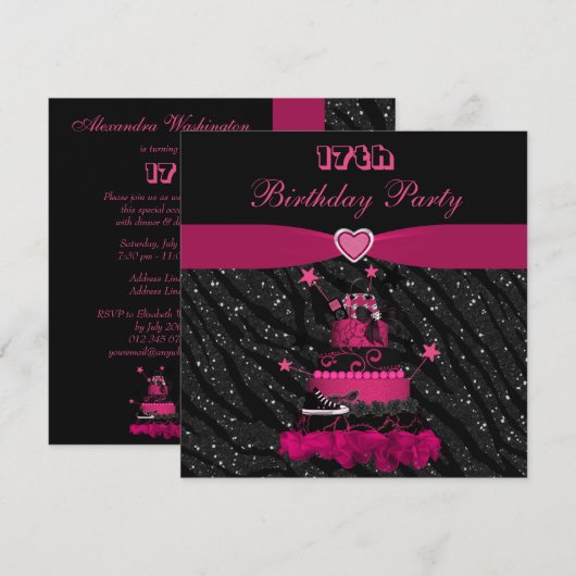 Trendy roze Cake & Zebra Stripes 17th Birthday Kaart (Voorkant / Achterkant)