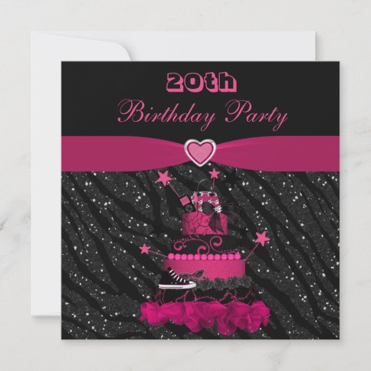 Trendy roze Cake & Zebra Stripes 20th Birthday Kaart (Voorkant)
