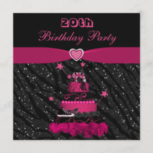 Trendy roze Cake & Zebra Stripes 20th Birthday Kaart
