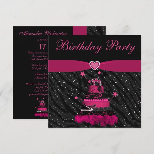 Trendy roze Cake & Zebra Stripes Birthday Party Kaart (Voorkant / Achterkant)