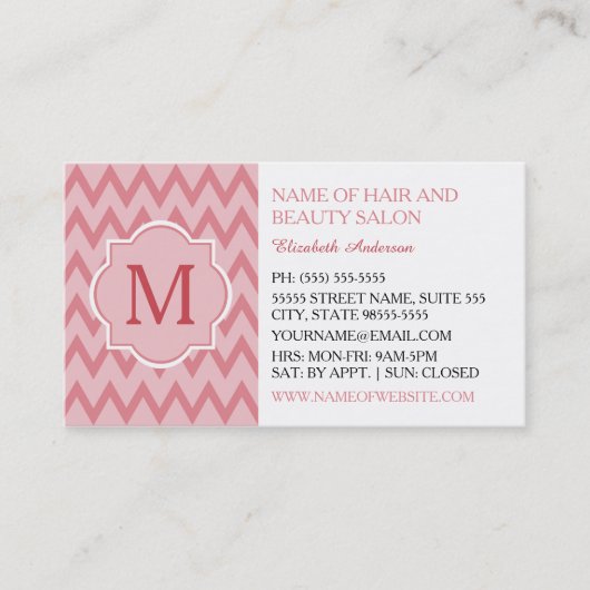 Trendy Roze Chevron Zigzag Monogram Schoonheidssal Visitekaartje (Voorkant)