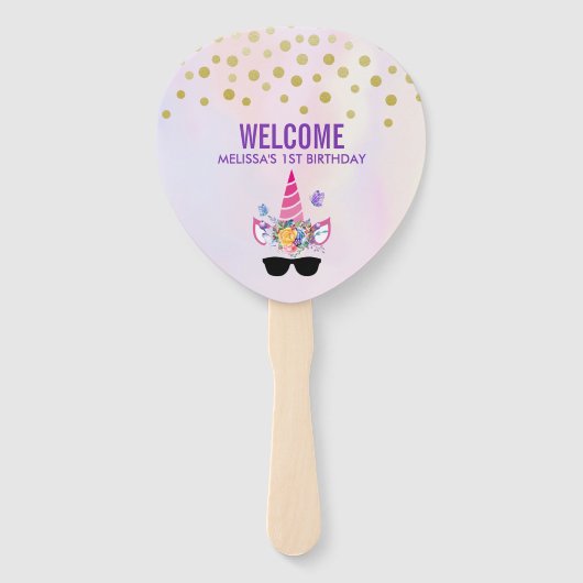 Trendy roze eenhoorn in zonnebril Verjaardag Handwaaier (Voorkant)