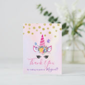 Trendy Roze Eenhoorn met Bloemen Party Dank u Briefkaart (Staand voorkant)
