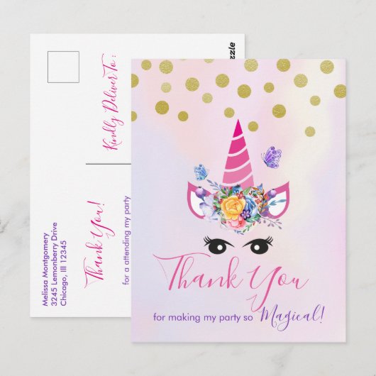 Trendy Roze Eenhoorn met Bloemen Party Dank u Briefkaart (Voorkant / Achterkant)
