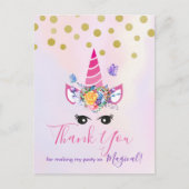 Trendy Roze Eenhoorn met Bloemen Party Dank u Briefkaart (Voorkant)