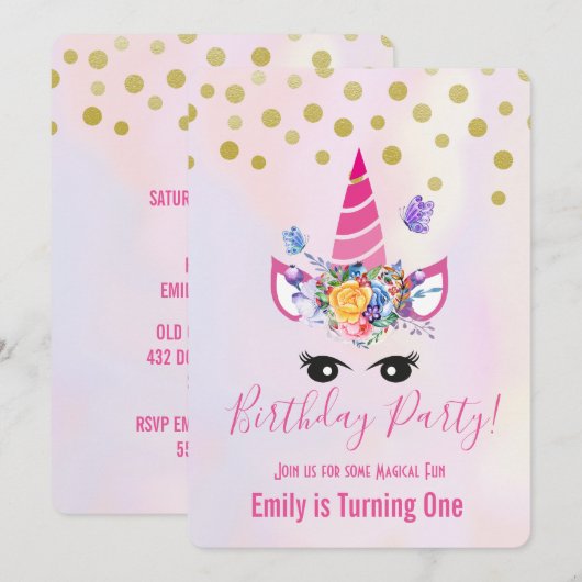 Trendy Roze Eenhoorn met Bloemen Verjaardagsfeest Kaart (Voorkant / Achterkant)