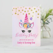 Trendy Roze Eenhoorn met Bloemen Verjaardagsfeest Kaart (Staand voorkant)