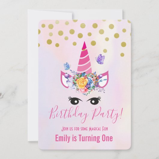 Trendy Roze Eenhoorn met Bloemen Verjaardagsfeest Kaart (Voorkant)