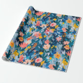 Trendy roze en blauw Abstract bloemmotief Cadeaupapier (Uitgerold)