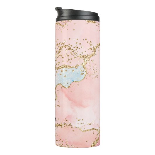 Trendy Roze en Gouden Glitter Agaat Thermosbeker (Geroteerd rechts)