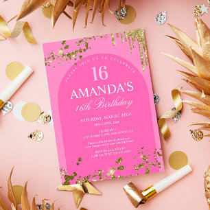 Trendy Roze en Gouden Glitter Drip Verjaardag Kaart