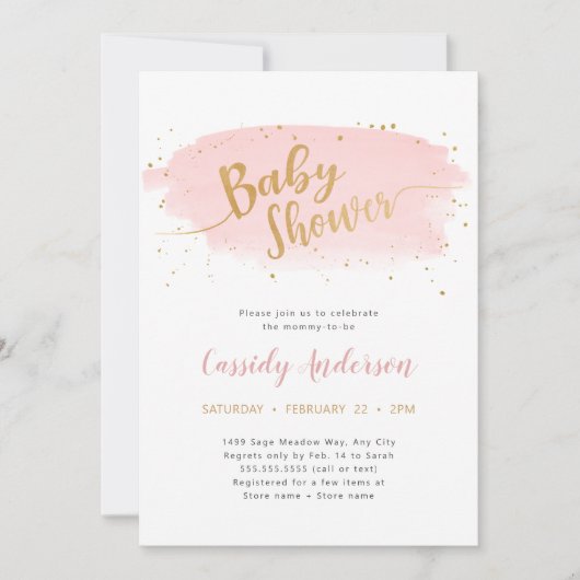 Trendy roze en gouden Waterverf Baby shower Kaart (Voorkant)