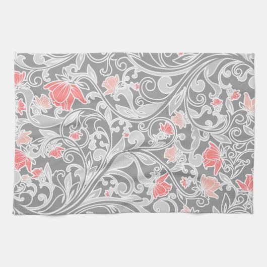 Trendy Roze en Grijs Swirly Floral Theedoek (Horizontaal)