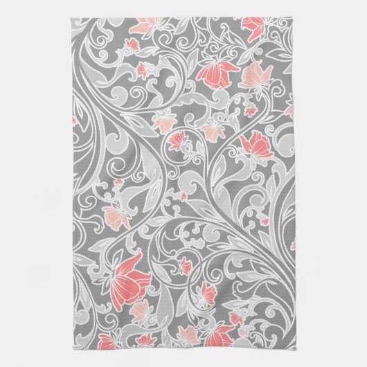Trendy Roze en Grijs Swirly Floral Theedoek (Verticaal)