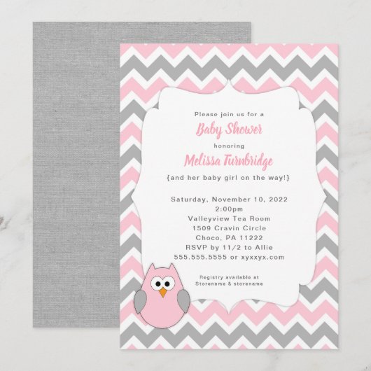 Trendy roze en grijze uil meisje Baby shower Kaart (Voorkant / Achterkant)