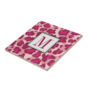 Trendy roze en rode luipaard monogram tegeltje