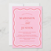 Trendy Roze en Rode Squiggle Curves Wavy Bruiloft Kaart (Voorkant)