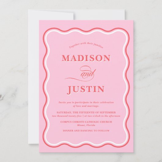 Trendy Roze en Rode Squiggle Curves Wavy Bruiloft Kaart (Voorkant)