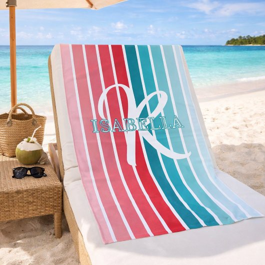Trendy roze en turquoise gestreepte monogram aange strandlaken