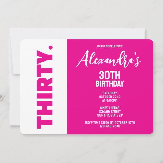 Trendy roze en wit vet 30e verjaardagsfeest kaart (Voorkant)