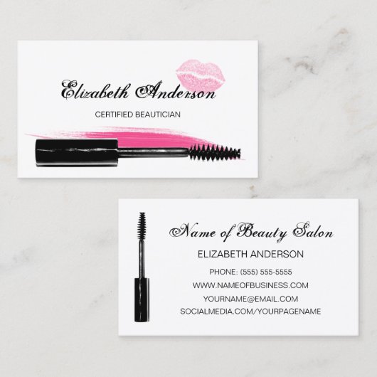 Trendy roze en zwarte cosmetologie mascara visitekaartje (Voorkant / Achterkant)