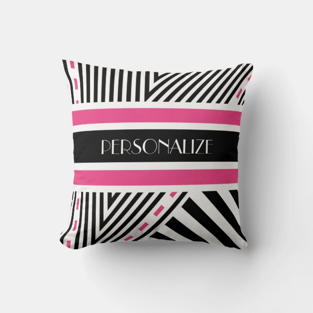 Trendy roze en zwarte geometrische strips met naam kussen (Voorkant)