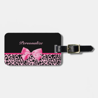 Trendy roze en zwarte luipaard warm roze lint bagagelabel