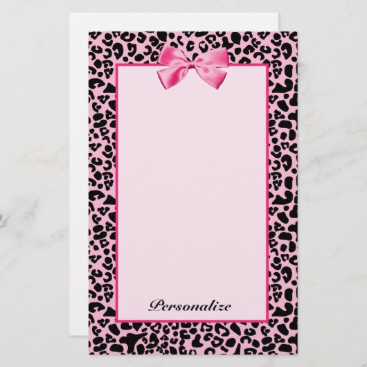 Trendy roze en zwarte luipaard warm roze lint briefpapier (Voorkant / Achterkant)