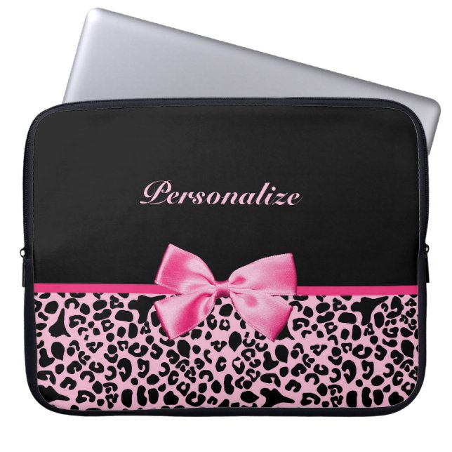 Trendy roze en zwarte luipaard warm roze lint laptop sleeve (Voorkant)