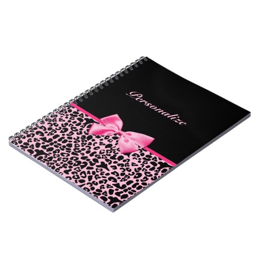 Trendy roze en zwarte luipaard warm roze lint notitieboek (Linkerzijde)