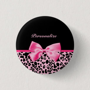 Trendy roze en zwarte luipaard warm roze lint ronde button 3,2 cm