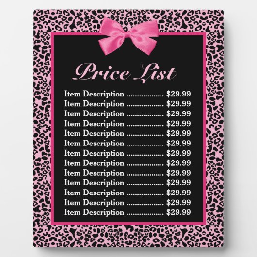 Trendy roze en zwarte luipaard warmroze prijslijst fotoplaat (Voorkant)