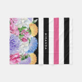 Trendy roze en zwarte strippes, met naam fleece deken (Voorkant (Horizontaal))