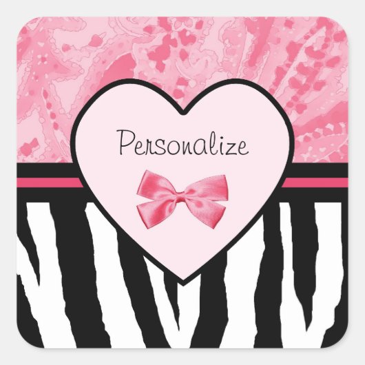 Trendy roze en zwarte zebrapatroon met naam vierkante sticker (Voorkant)