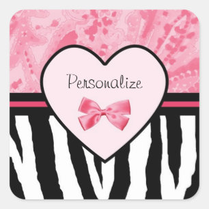 Trendy roze en zwarte zebrapatroon met naam vierkante sticker