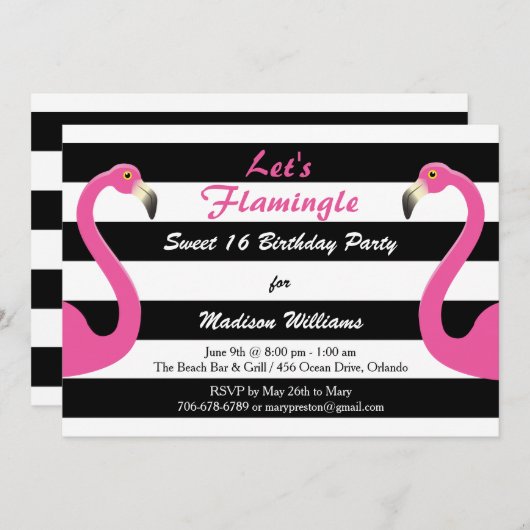 Trendy Roze Flamingo Sweet 16 Uitnodiging (Voorkant / Achterkant)