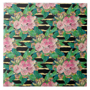 Trendy Roze Floral Paint Gold Stripes Black Design Tegeltje
