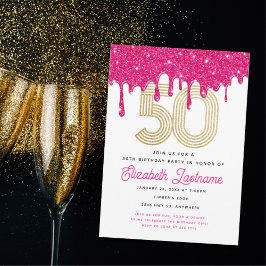 Trendy Roze Glitter Drip 50e Verjaardagsuitnodigin Kaart