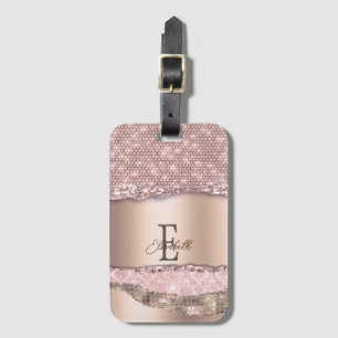 Trendy Roze Goud Diamanten Glitter Monogram Bagagelabel
