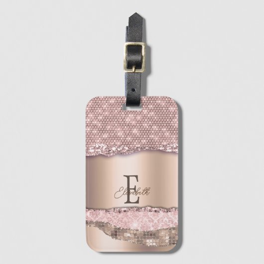 Trendy Roze Goud Diamanten Glitter Monogram Bagagelabel (Voorkant (verticaal))