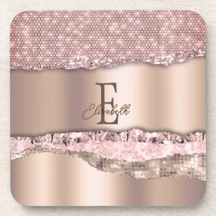 Trendy Roze Goud Diamanten Glitter Monogram Bier Onderzetter