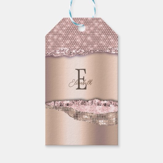 Trendy Roze Goud Diamanten Glitter Monogram Cadeaulabel (Voorkant)