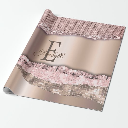 Trendy Roze Goud Diamanten Glitter Monogram Cadeaupapier (Uitgerold)