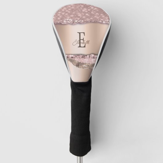 Trendy Roze Goud Diamanten Glitter Monogram Golfheadcover (Voorkant)