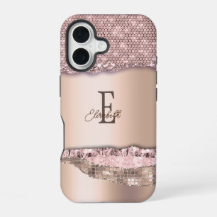 Trendy Roze Goud Diamanten Glitter Monogram iPhone 16 Hoesje