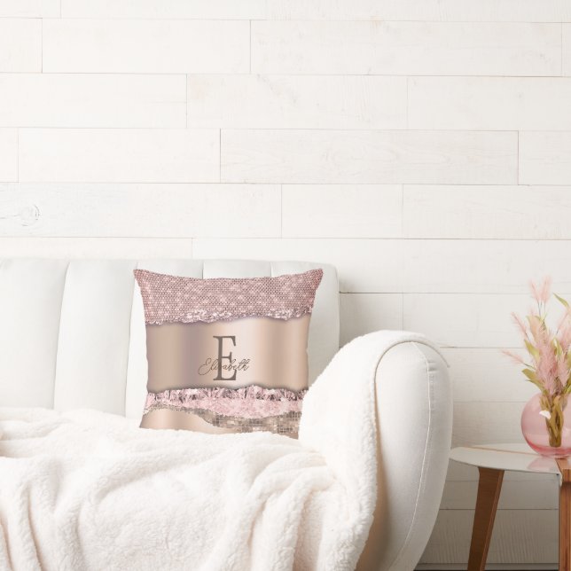 Trendy Roze Goud Diamanten Glitter Monogram Kussen (Bank)