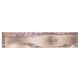 Trendy Roze Goud Diamanten Glitter Monogram Naambordje
