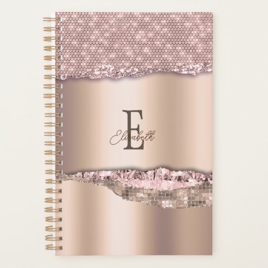 Trendy Roze Goud Diamanten Glitter Monogram Planner (Voorkant)