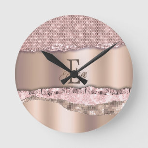 Trendy Roze Goud Diamanten Glitter Monogram Ronde Klok