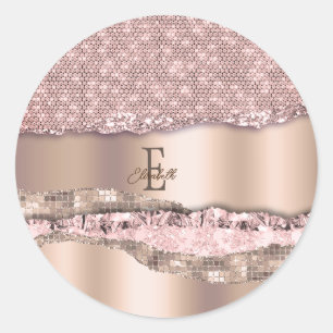 Trendy Roze Goud Diamanten Glitter Monogram Ronde Sticker